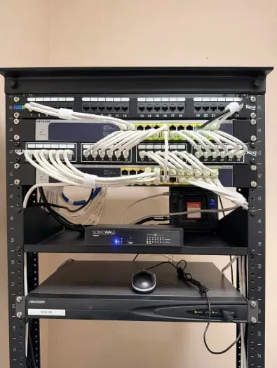 Network rack with SonicWALL firewall and structured cabling